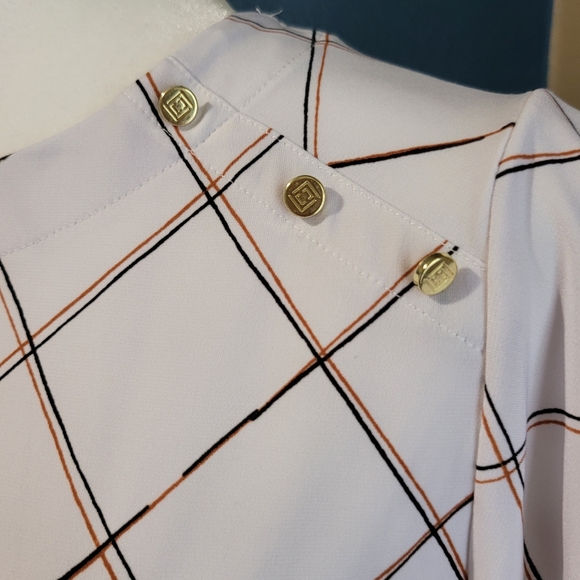 Liz Claiborne Blouse Women's Size PM White Check Short Sleeve Pullover Stretch - Picture 2 of 10